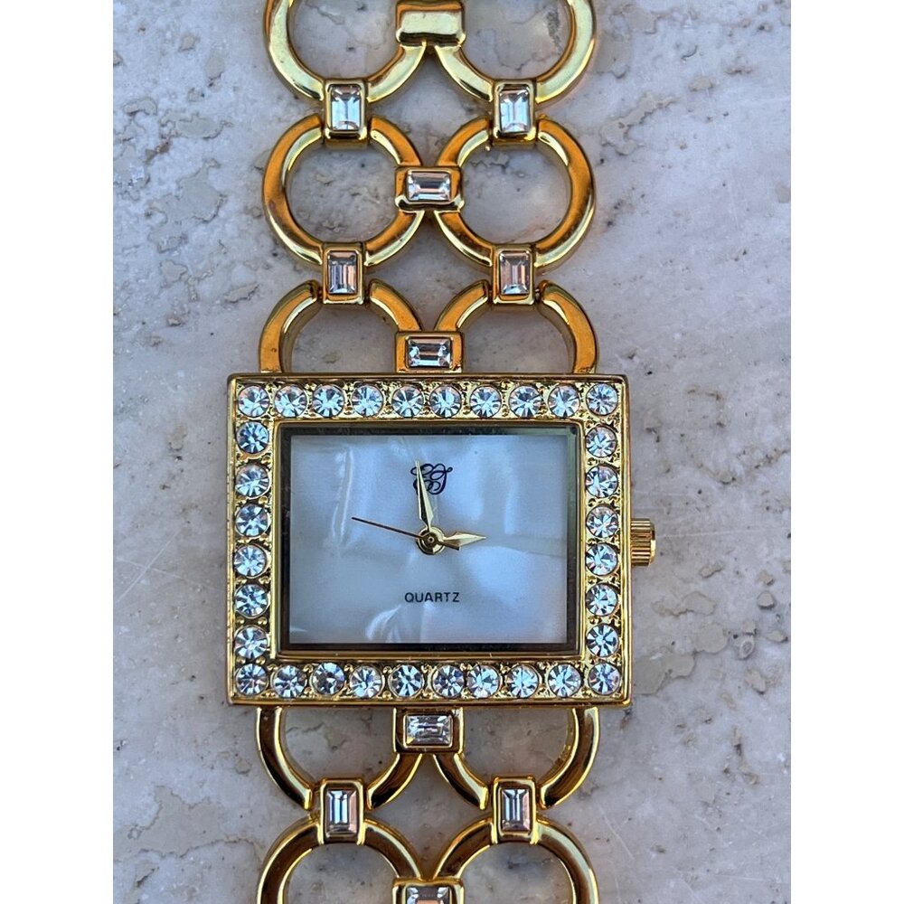 Elizabeth Taylor White Diamonds Gold Rhinestone Quartz Ladies Watch 8” Link Band - Picture 4 of 8